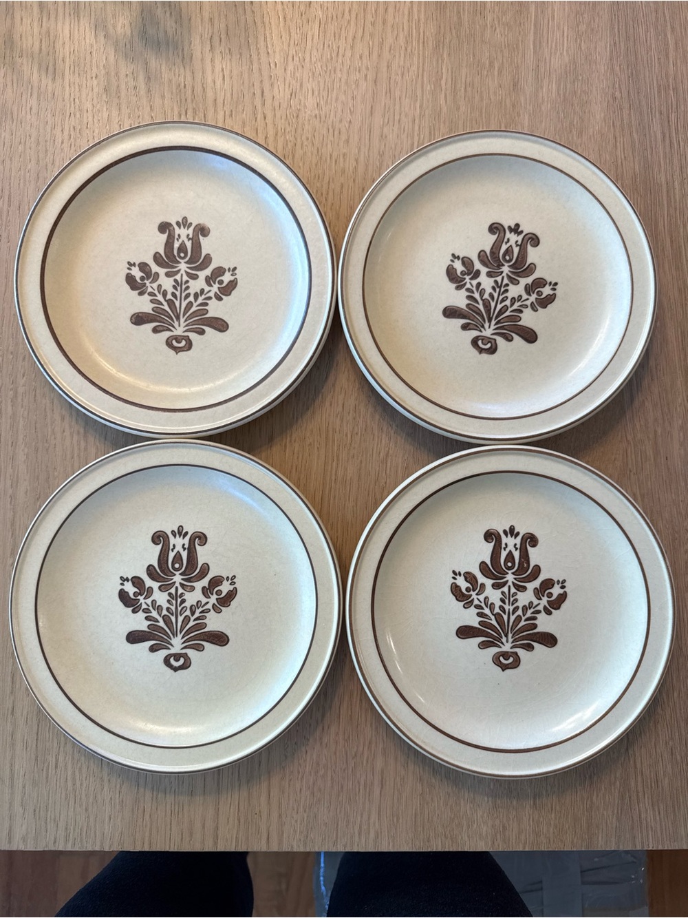 Vintage Pfaltzgraff “Village” Cream/Brown Stoneware Salad Plates (Set of 4)